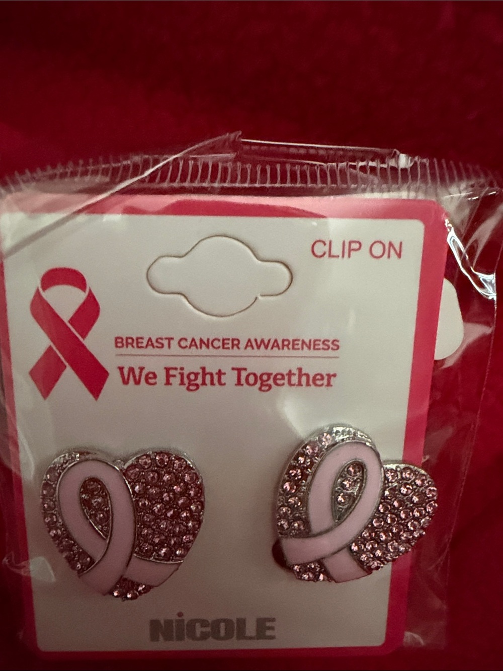 Breast, cancer awareness - Nicole Pink Ribbon Heart Clip-On Earrings
